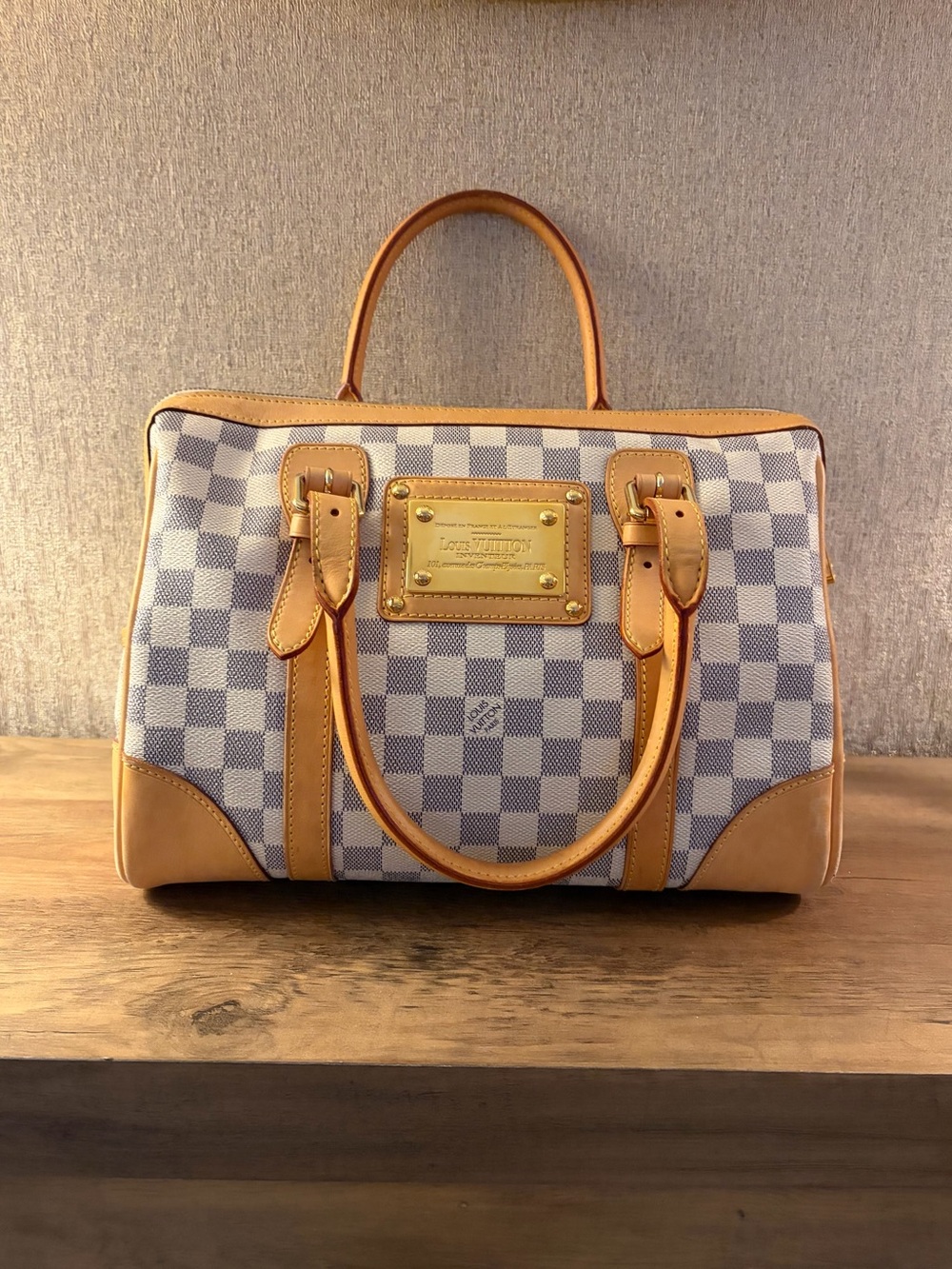 Louis Vuitton Damier Azur Canvas Satchel with Tan Leather Trim